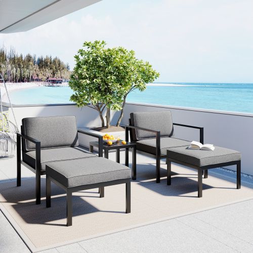 Outdoor Patio 5-piece Aluminum Alloy Conversation Set Sofa Set with Coffee Table and Stools for Poolside, Garden,Black Frame+Gray Cushion Outdoor Patio 5-piece Aluminum Alloy Conversation Set Sofa Set with Coffee Table and Stools for Poolside, Garden,Black Frame+Gray Cushion