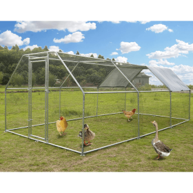 Metal Large Chicken Coop Walk-in Poultry Cage Large Chicken Run Flat Shaped Cage with Waterproof Anti-UltravioletCover;  1.26" Diameter Tube (19.6' L