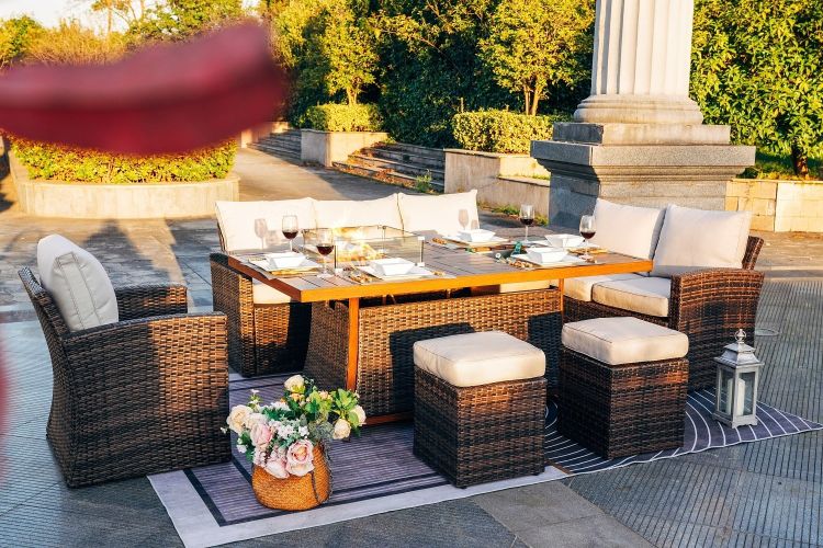 7 PCS Patio Conversational Sofa Set With 1 Gas Firepit And Ice Container Rectangle Dining Table. 1 Storage Box And 2 Ottomans 7 PCS Patio Conversational Sofa Set With 1 Gas Firepit And Ice Container Rectangle Dining Table. 1 Storage Box And 2 Ottomans