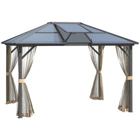 10' x 12' Hardtop Gazebo Canopy with Polycarbonate Roof, Top Vent and Aluminum Frame, Permanent Pavilion Outdoor Gazebo with Netting, for Patio, Garde