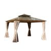 12'x12' Hardtop Gazebo, Permanent Outdoor Gazebo with Polycarbonate Double Roof, Aluminum Gazebo Pavilion with Curtain and Net for Garden, Patio, Lawn