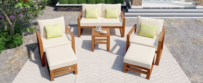 TOPMAX Outdoor Patio Wood 6-Piece Conversation Set, Sectional Garden Seating Groups Chat Set with Ottomans and Cushions for Backyard, Poolside, Balcon