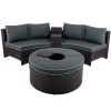 6 Pieces Outdoor Sectional Half Round Patio Rattan Sofa Set, PE Wicker Conversation Furniture Set/One Storage Side Table for Umbrella and One Multifun