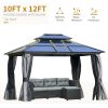 10' x 12' Hardtop Gazebo Canopy with Polycarbonate Double Roof, Aluminum Frame, Permanent Pavilion Outdoor Gazebo with Netting and Curtains for Patio,