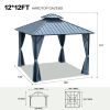 12x12ft Gazebo Double Roof Canopy with Netting and Curtains, Outdoor Gazebo 2-Tier Hardtop Galvanized Iron Aluminum Frame Garden Tent for Patio, Backy