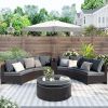 6 Pieces Outdoor Sectional Half Round Patio Rattan Sofa Set, PE Wicker Conversation Furniture Set/One Storage Side Table for Umbrella and One Multifun
