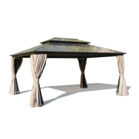 12x16ft Hardtop Gazebo, Permanent Outdoor Gazebo with Polycarbonate Double Roof, Aluminum Gazebo Pavilion with Curtain and Net for Garden, Patio, Lawn (Color: as Pic)