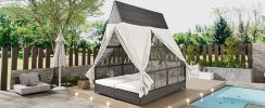 Outdoor Daybed Patio Lounge Bed with Adjustable Backrest Outdoor Double Sun Lounger with Curtains, 4 Pillows for Garden Patio Poolside Balcony Beach,